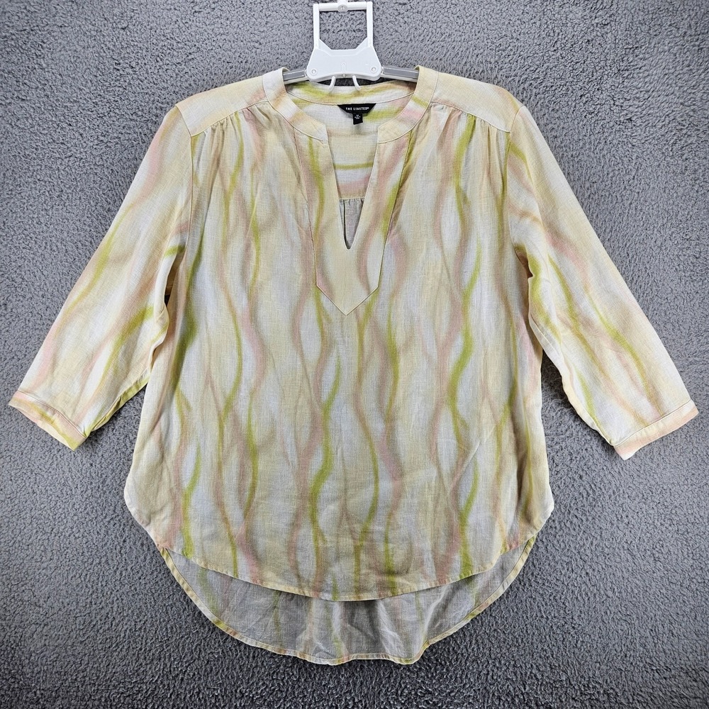 The Limited Womens Linen Blend Abstract Print V-Neck Tunic Blouse Green Pink M